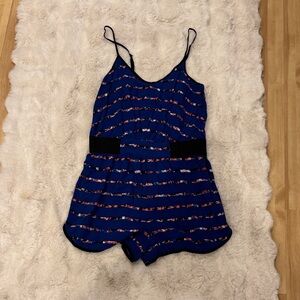Royal Blue Striped Floral-Trim Romper